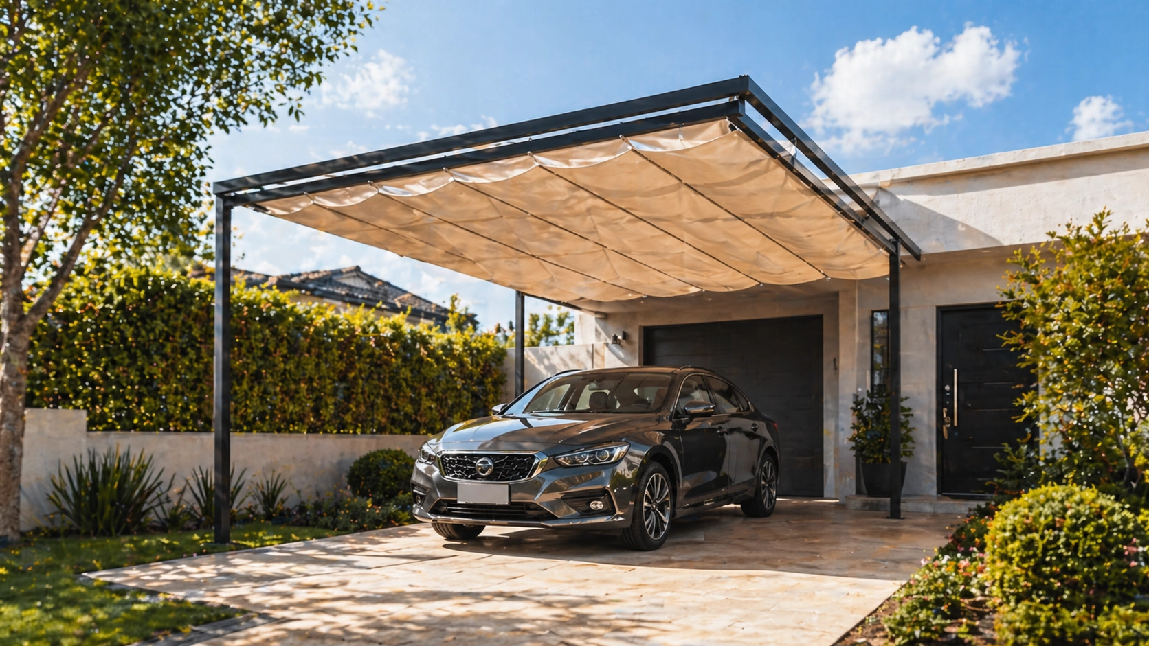 Techo retráctil SunnyFlip instalado en retiro frontal